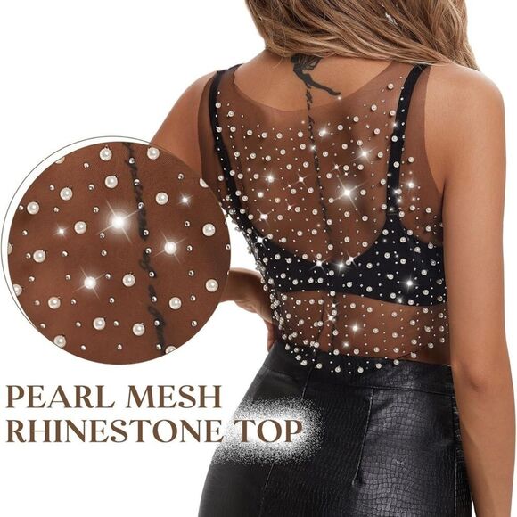 NWT Pearl Top for Women Rhinestone Top Mesh Sheer Shirt Sequin Top Black - Picture 4 of 5